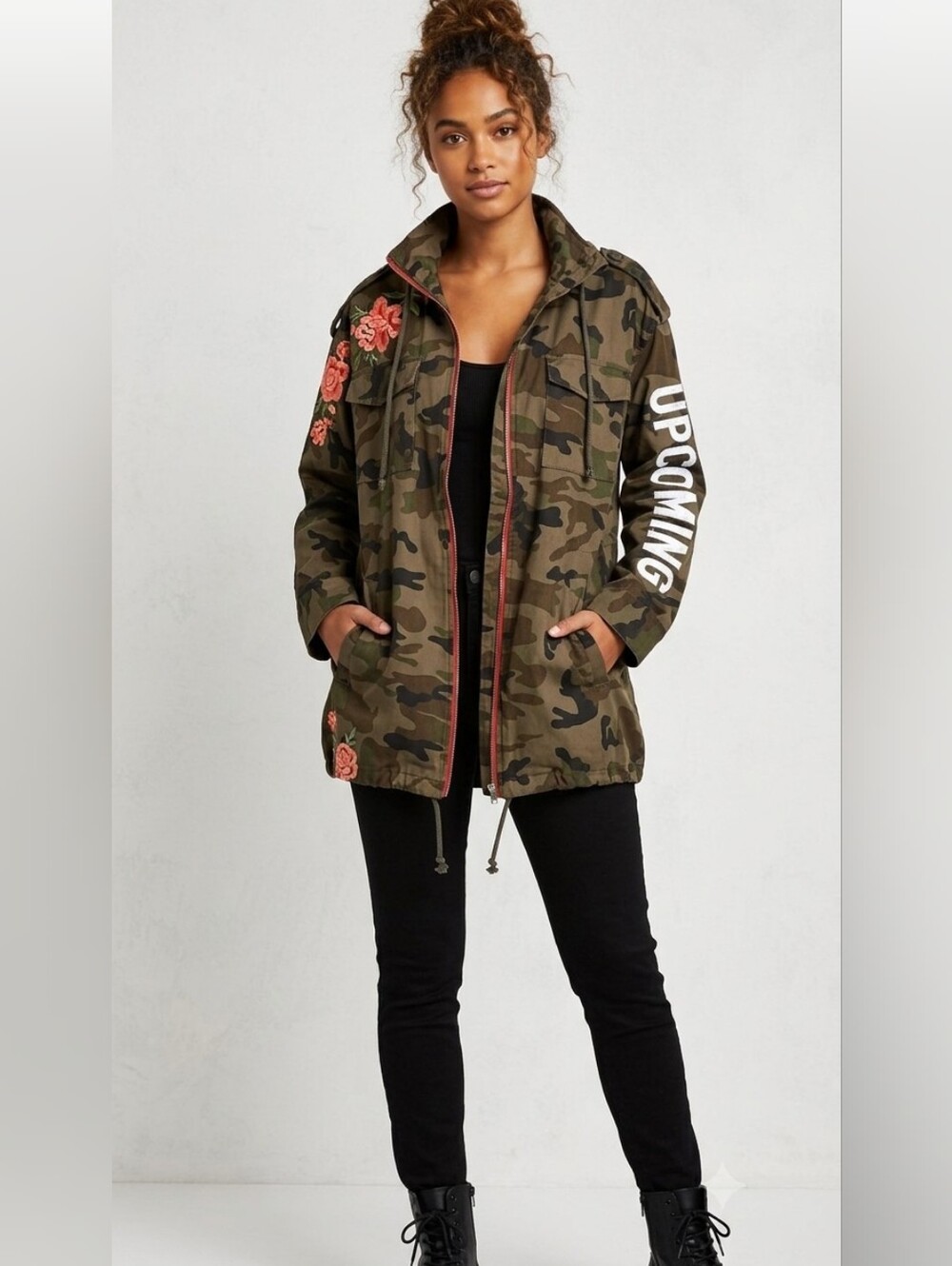 Embellished Camouflage Parka Jacket - Olive Green